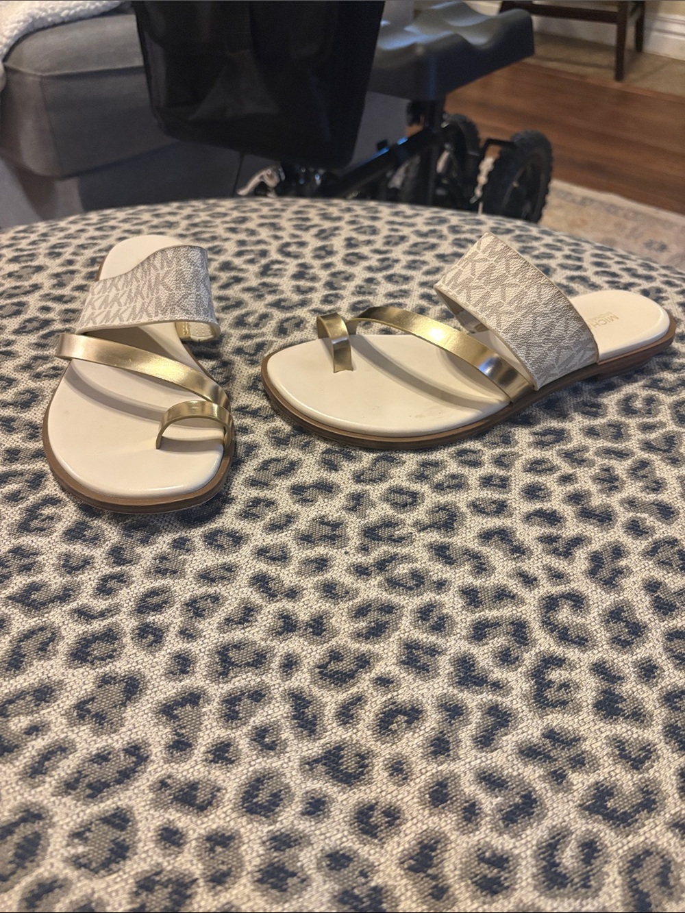 Michael Kors Metallic Gold and Cream Toe-Ring Slide Sandals